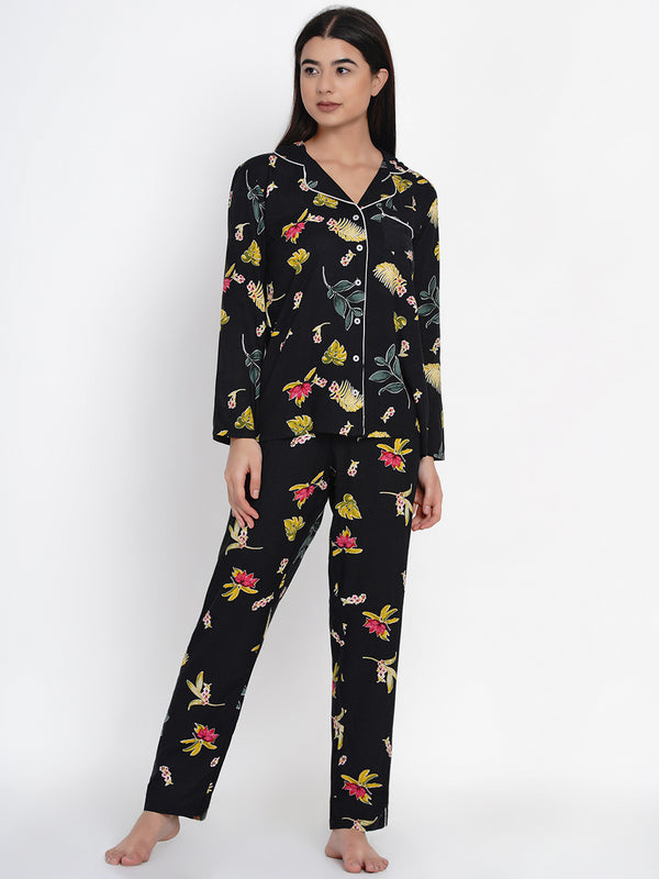 9impression viscose floral print pyjama & shirt black night suit set