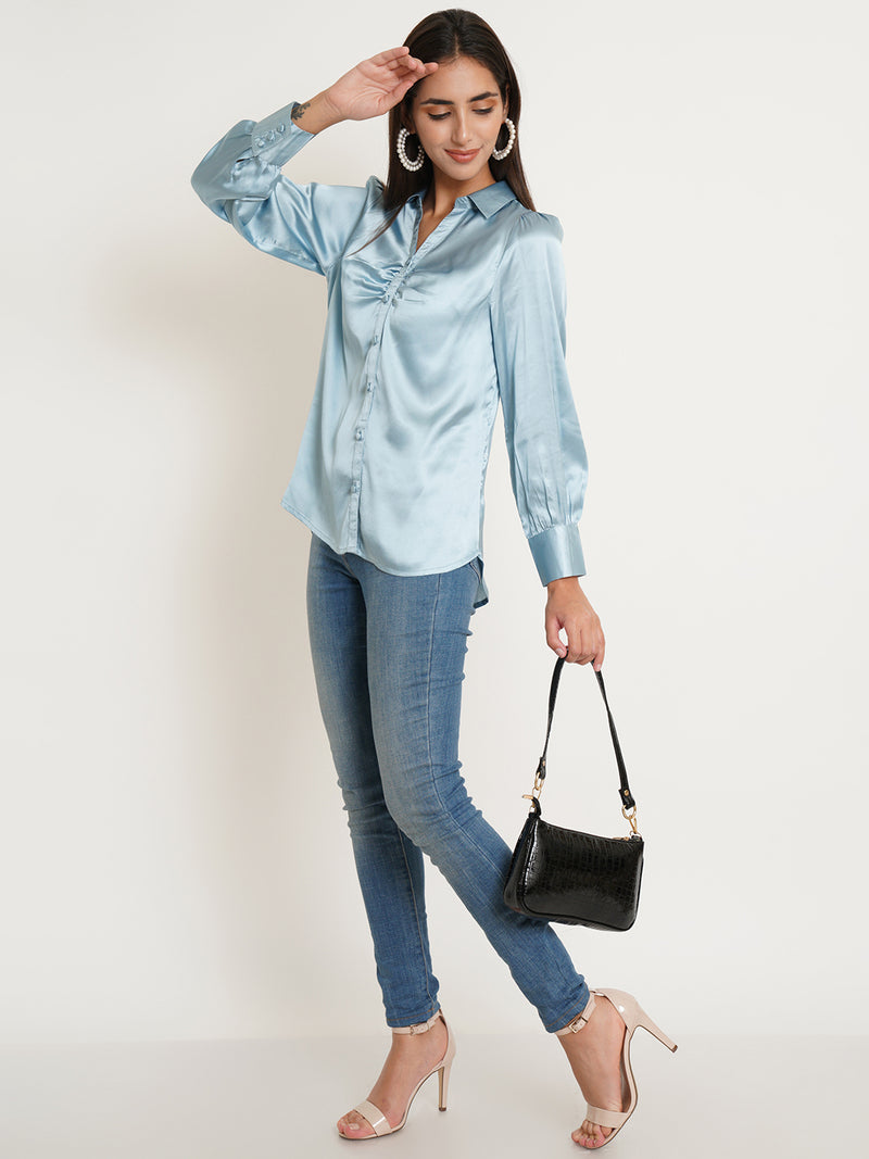 shop silver satin long sleeves collared shirt style top