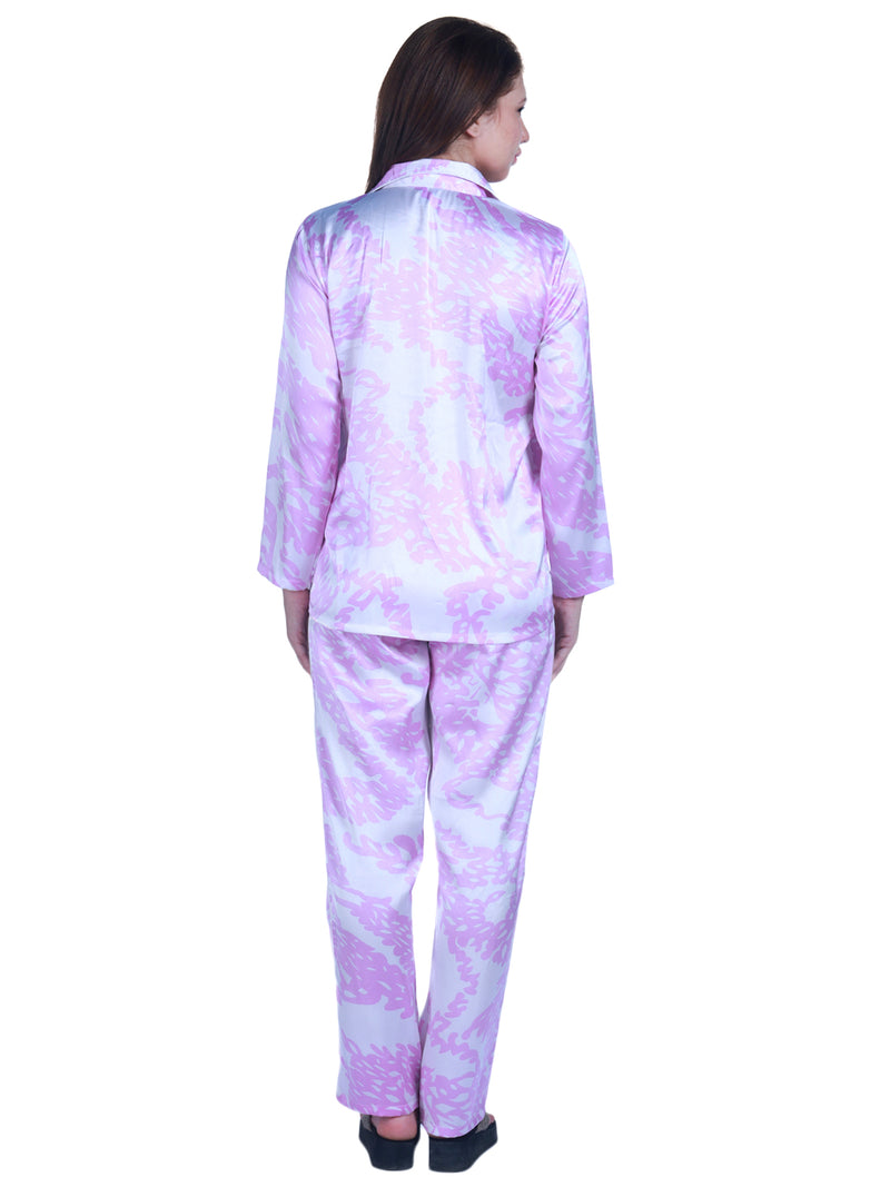 satin purple & white printed shirt & pyjama set