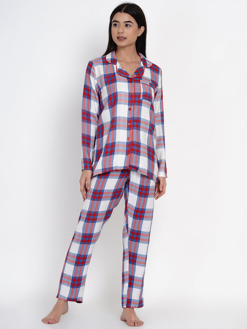 9impression red & white checkred pyjama & shirt night suit set
