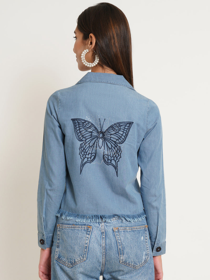 women blue  embroidered denim solid shirt style top