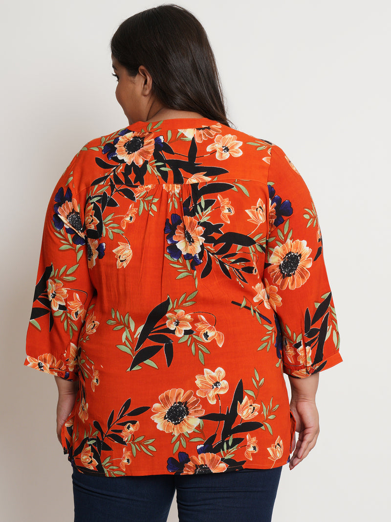 buy online plus size orange black floral printed mandarin collar longline top
