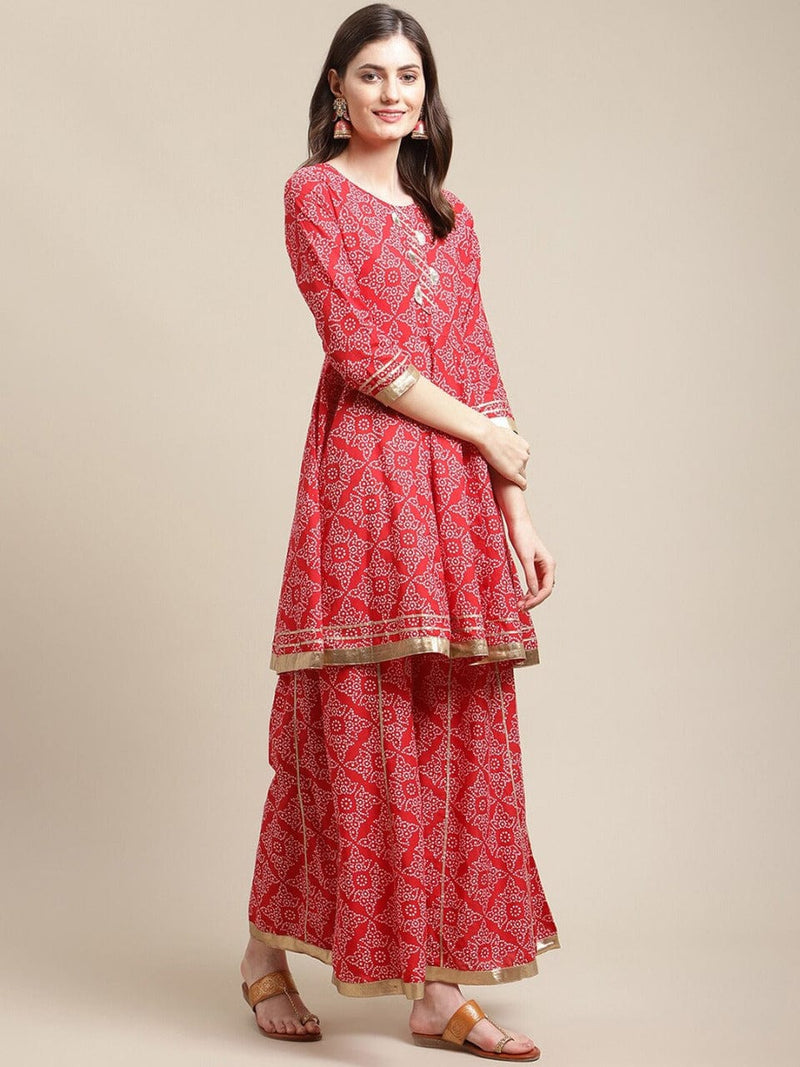 red printed kurta with sharara with dupatta kurta design