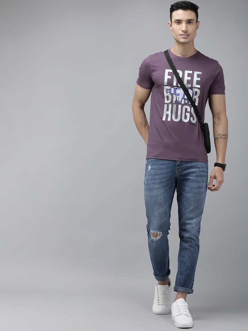 the bear house hugs ardor edition purple & grey typography printed slim fit cotton t-shirt