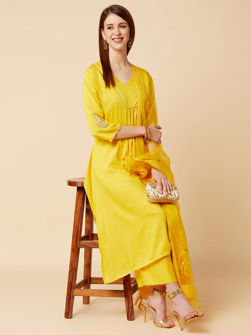 buy yellow regular a-line kurta set dupatta