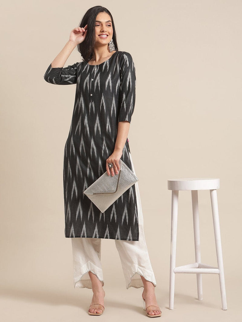 black and white ikkat weave kurta with 3/4th sleeves online shopping