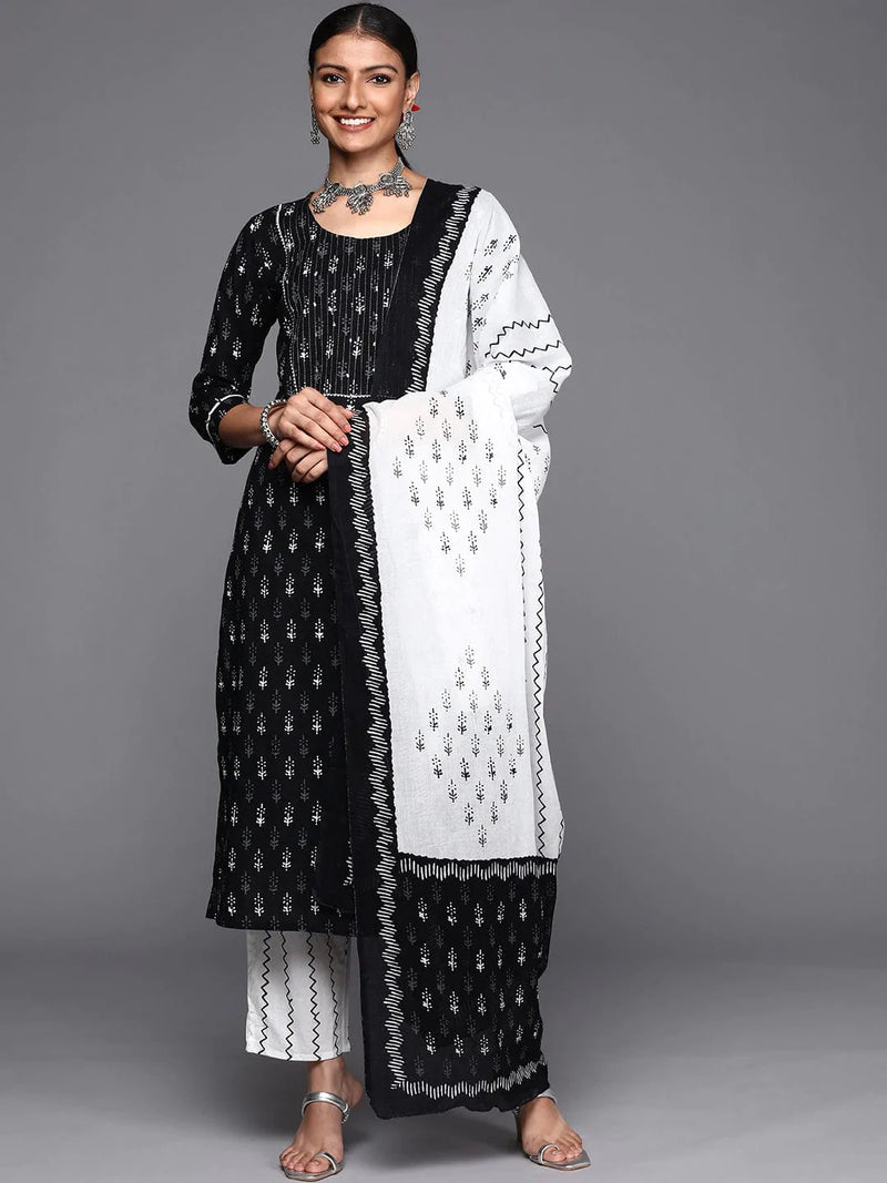 shop black ethnic motifs printed  cotton kurta set dupatta