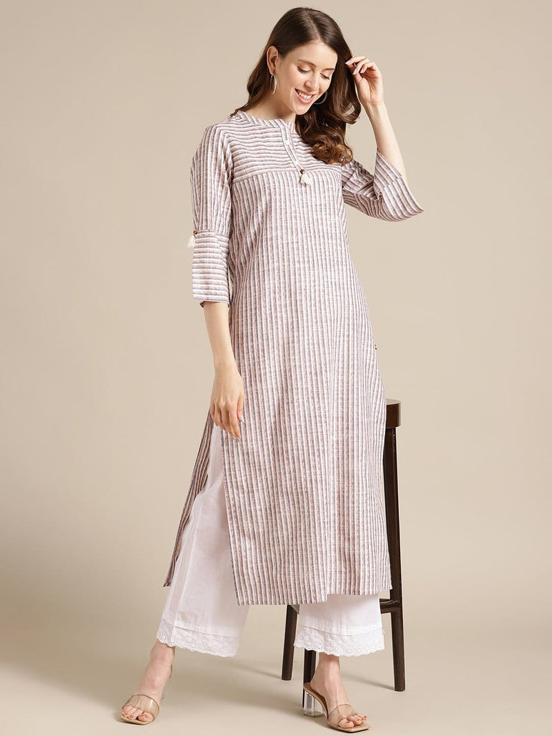 ksut off white and peach stripe wove kurta with tassel embellishment online shopping