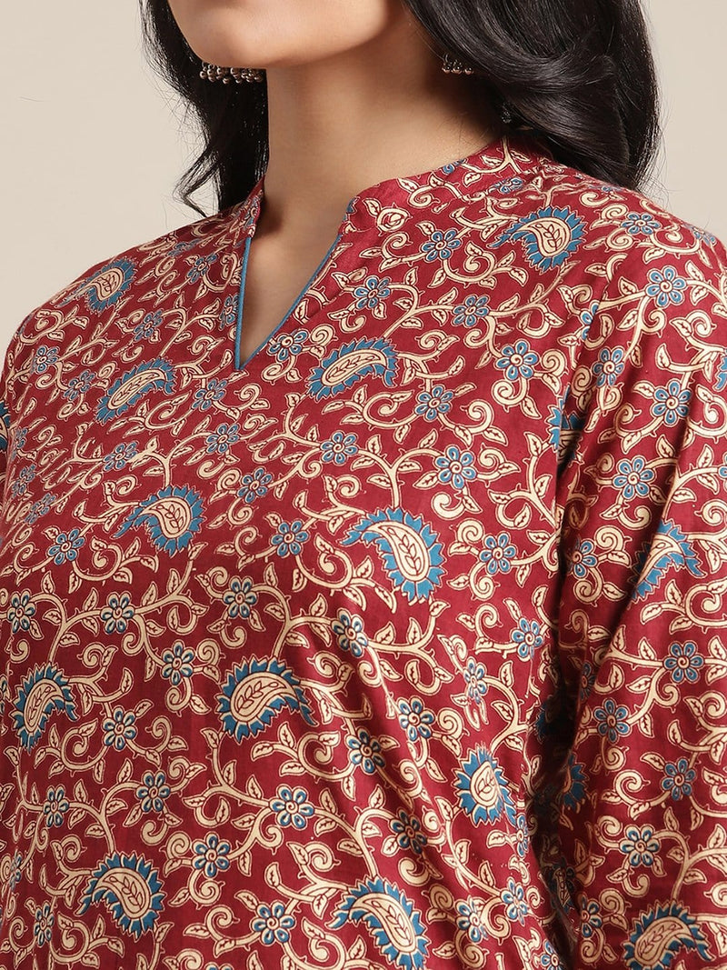 maroon kalamkari printed kurta with embellished yoke and sleeves buy online