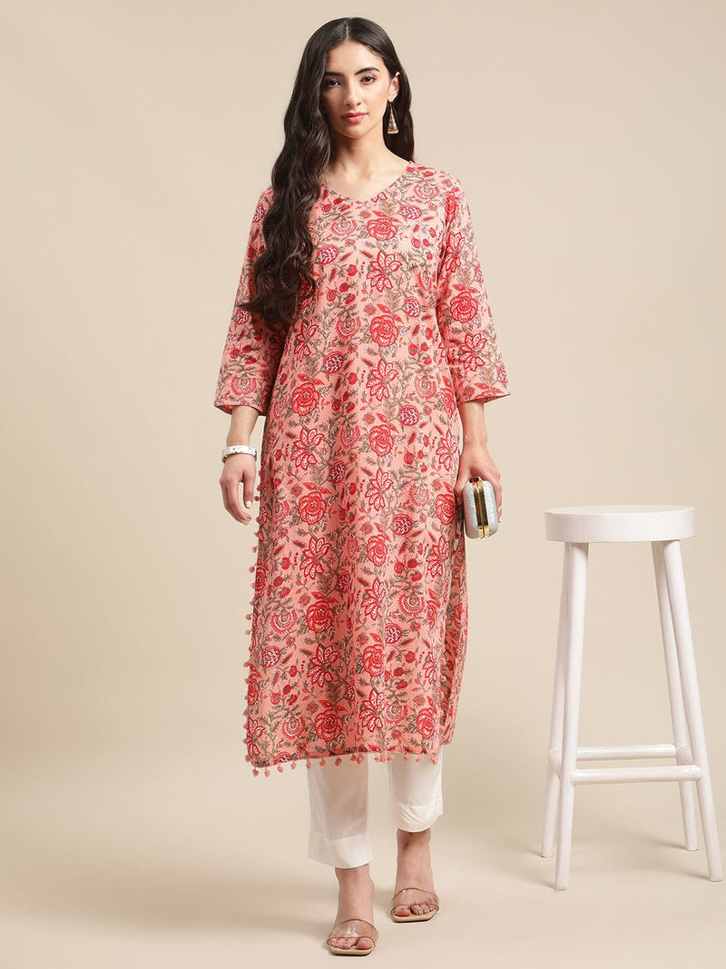 peach floral printed lace embellished kurta with white straight trouser