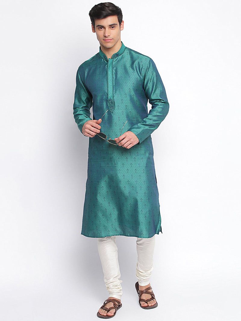 sanwara deep green woven pattern straight kurta for men