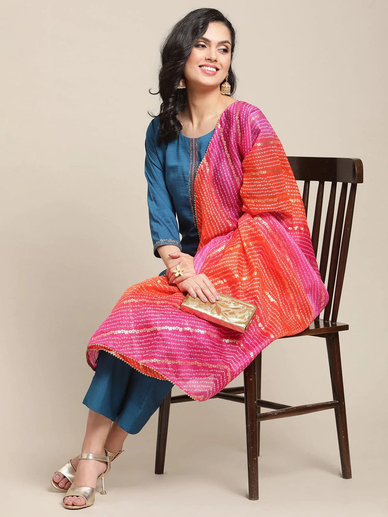 buy teal resham embroidery kurta trouser set with pink organge foil printed bandhej dupatta