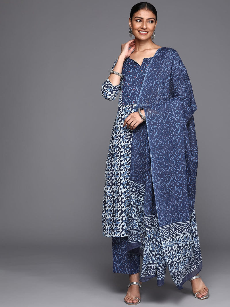 shop blue ethnic motifs printed  cotton kurta kurta  set dupatta