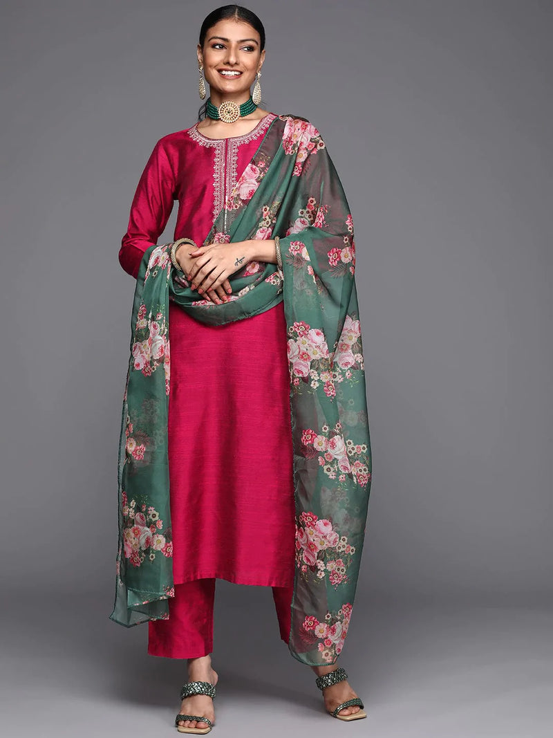 shop maroon ethnic motifs embroidered kurta set dupatta