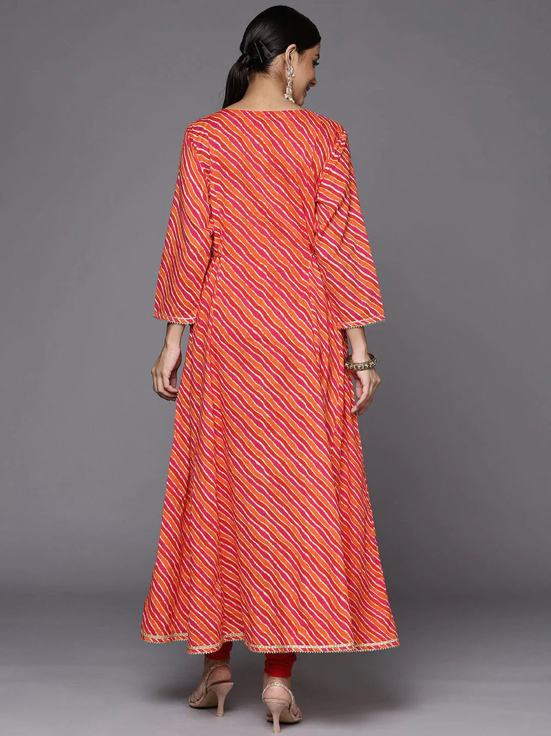 women orange & pink leheriya printed gotta patti cotton anarkali kurta
