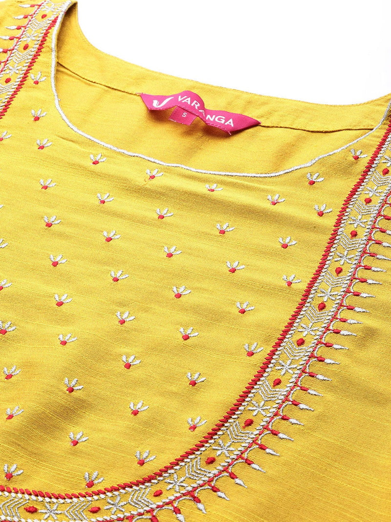 women mustard yellow ethnic motifs embroidered kurta set