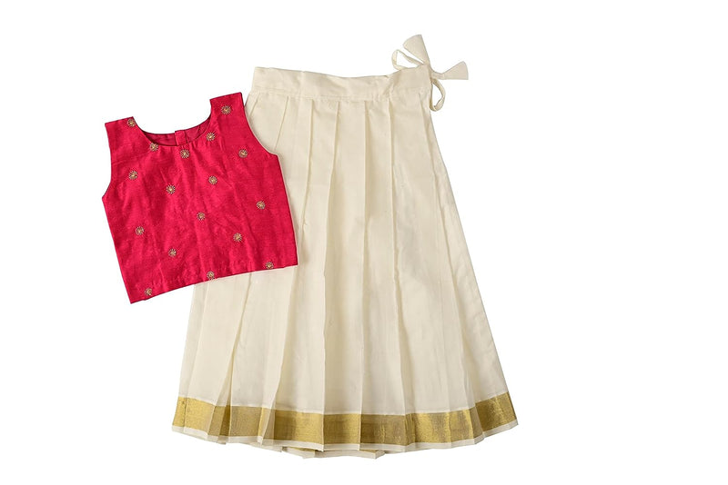 Cotton Silk - Kerala Kasavu Baby Girl Pattupavadai Set - Magenta