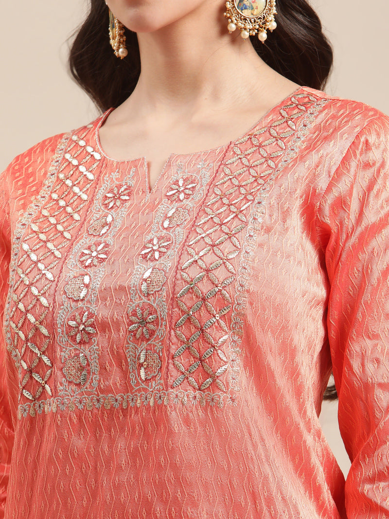 varanga coral gota patti embroidery kurta trouser set with floral printed dupatta women