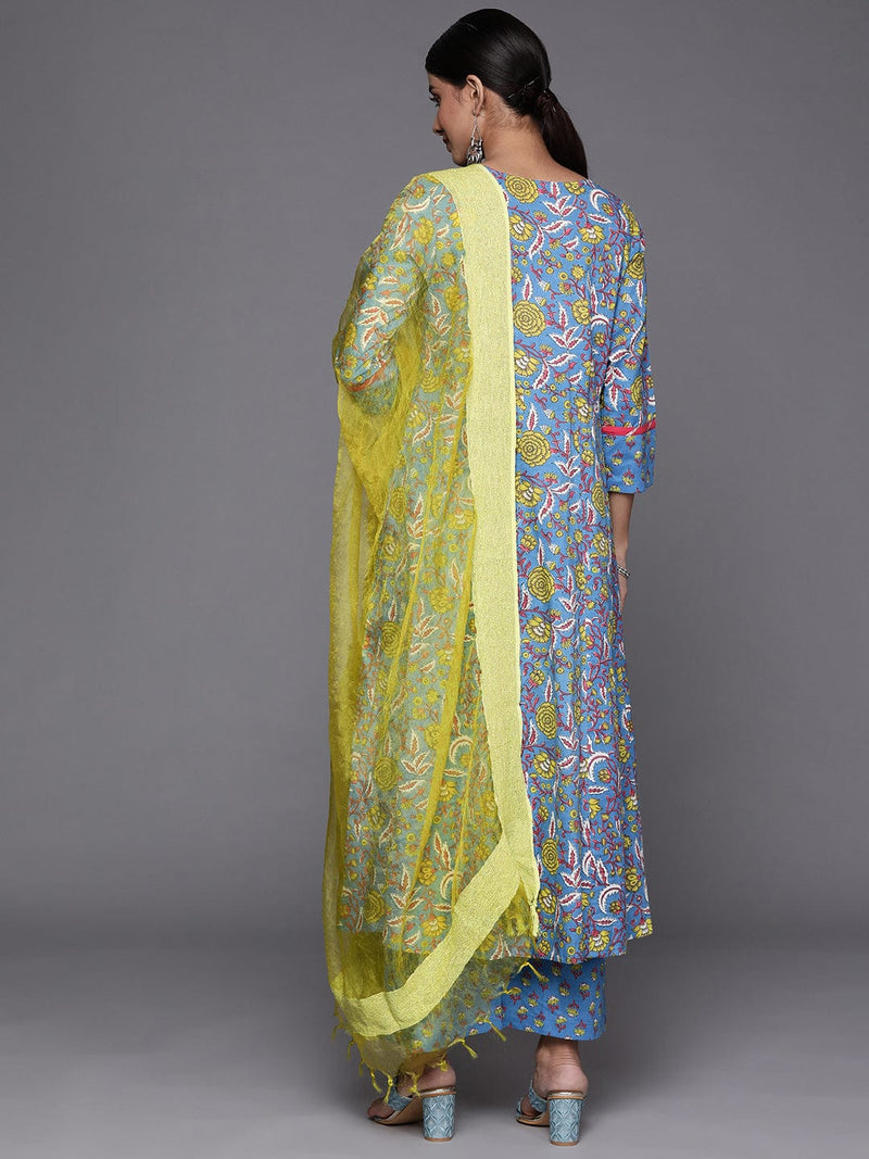 women blue floral printed pure cotton kurta set dupatta