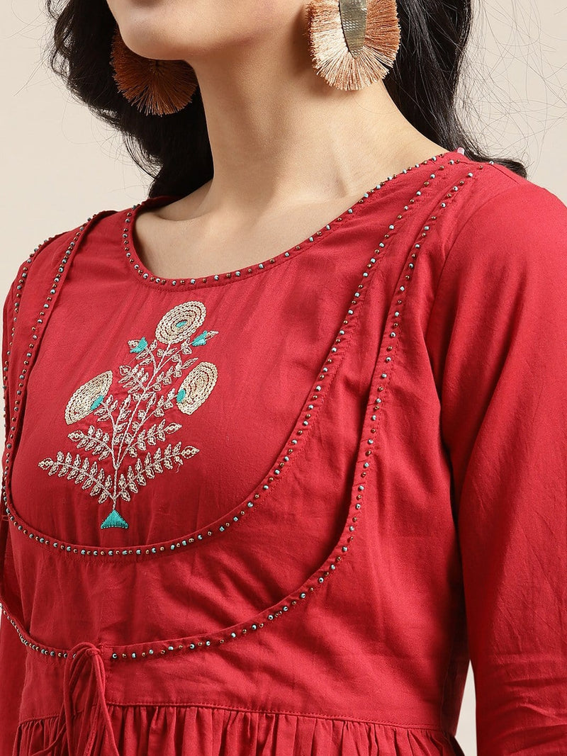 women maroon yoke embroidery kurta set teal silk dupatta