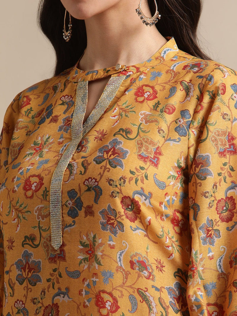 mustard floral printed zari work straight kurta trouser set buy online