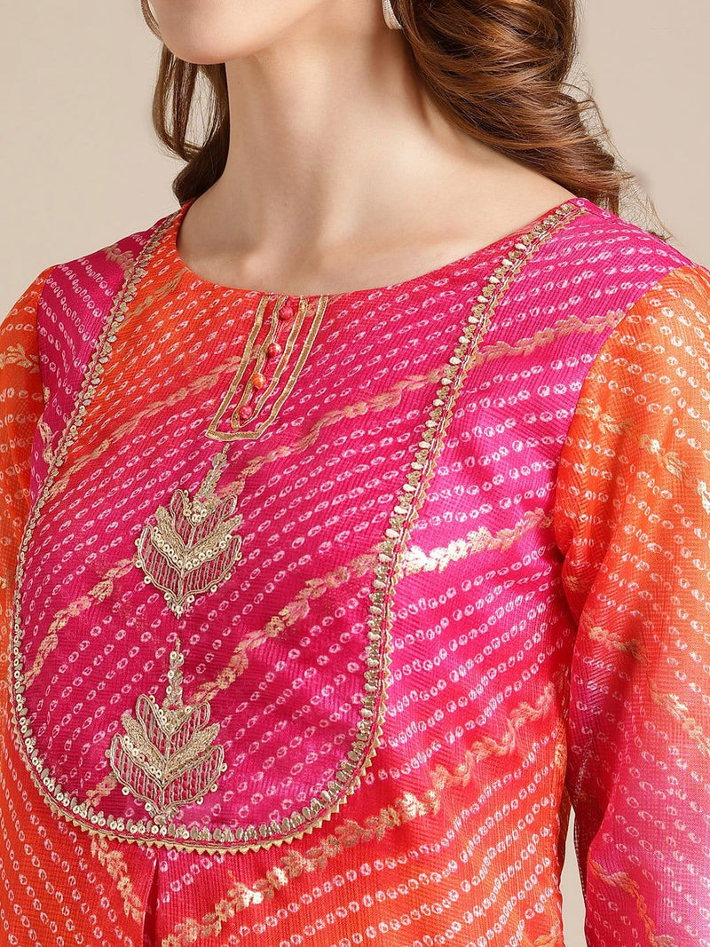 Pink and Orange Bandhej Foil Printed Kurta With Embroidered Trouser