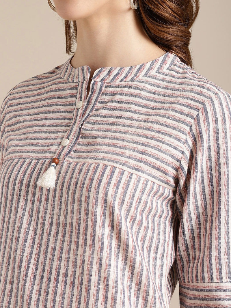ksut off white and peach stripe wove kurta with tassel embellishment buy online
