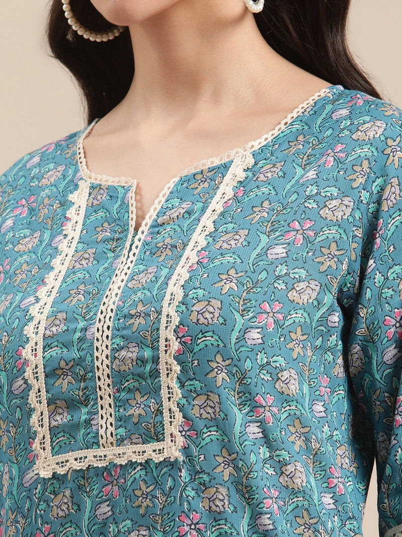 blue floral printed lace embellished kurta with 3/4th sleeves buy online