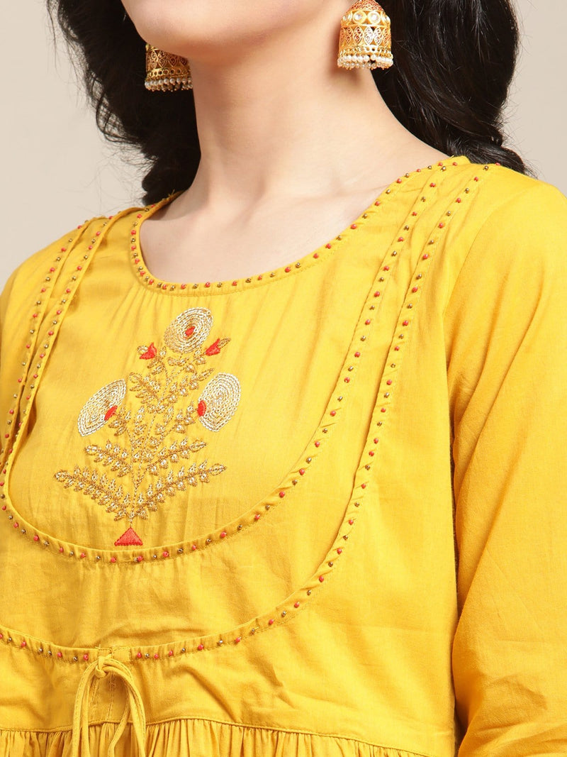 women mustard embroidery anarkali kurta set dupatta buy
