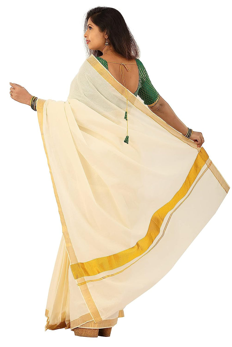 buy Cotton Cream Color Plain Saree Kasavu Border