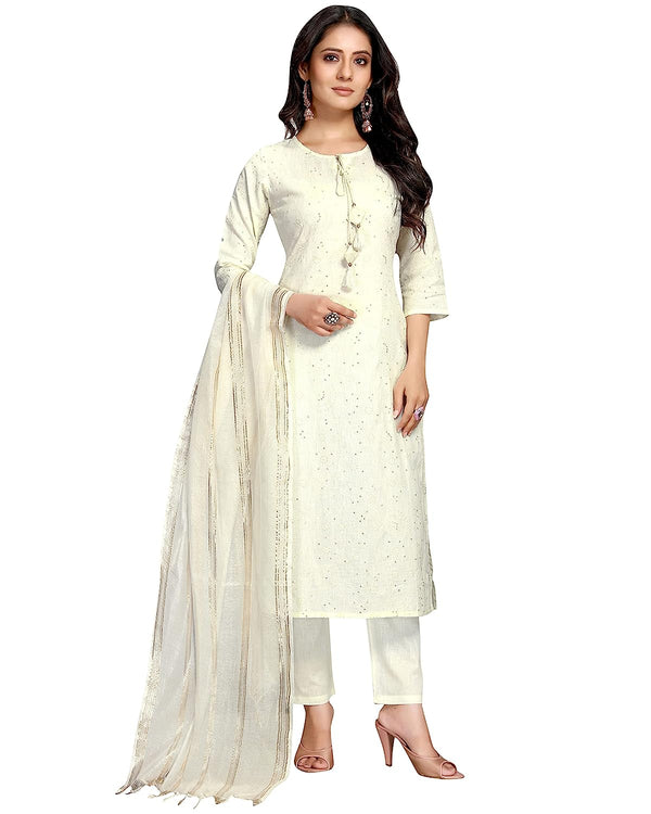 Pure Cambric Cotton Embroidered Kurta Set with Dupatta - Off-White (Worldwide Shipping)