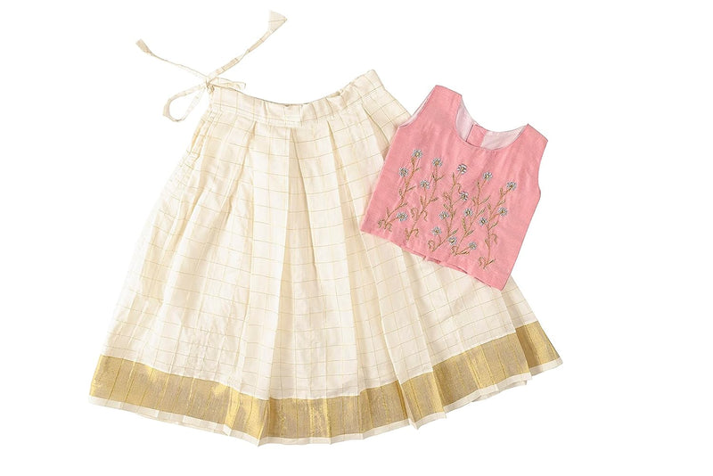 Cotton Silk - Kerala Kasavu Baby Girl Pattupavadai Set - Pink