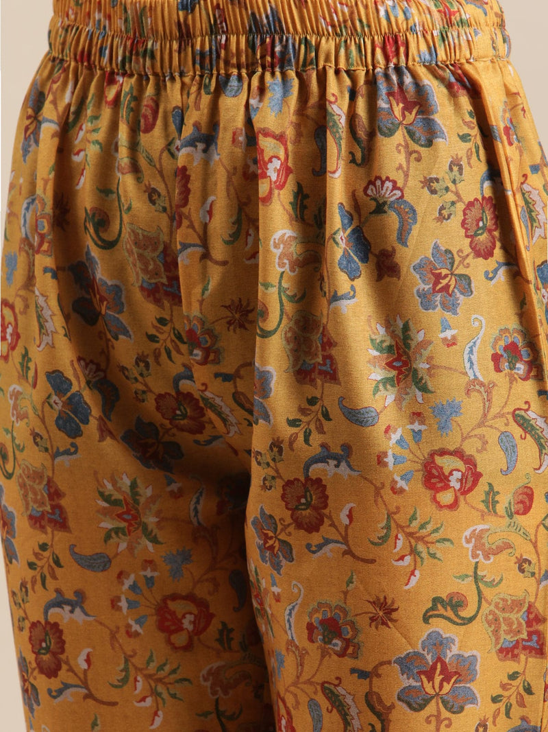 mustard floral printed zari work straight kurta trouser set women pant