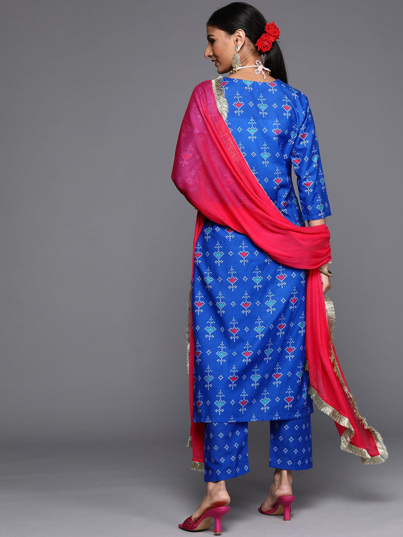 women women blue bandhani printed gotta patti kurta set dupatta