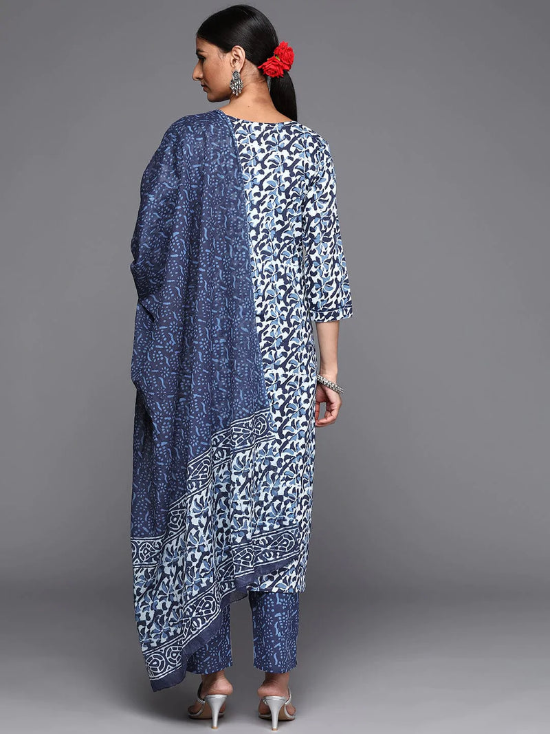 women blue ethnic motifs printed  cotton kurta kurta  set dupatta