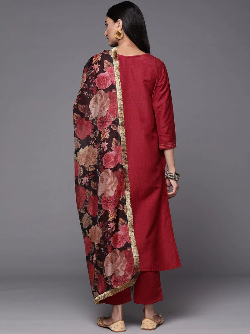women maroon beige floral embroidered thread work kurta trousers dupatta