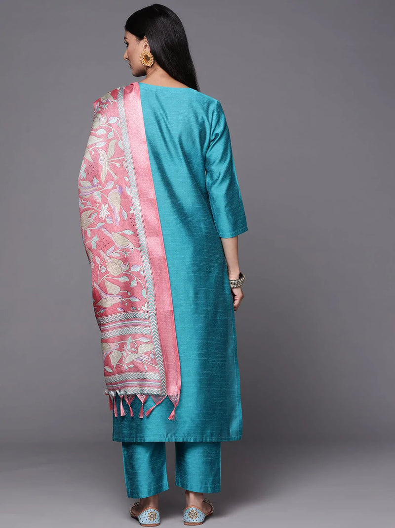 women turquoise blue  pink floral embroidered kurta  set dupatta