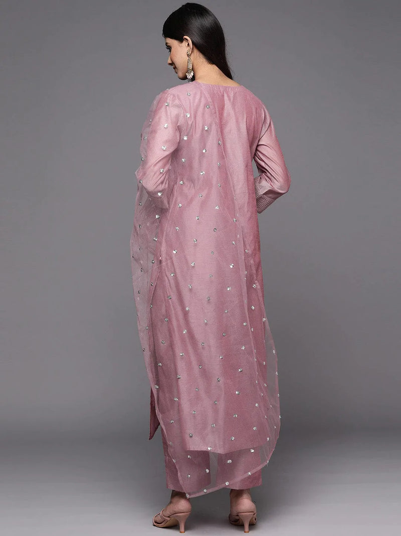 women women mauve zari yoke design chanderi silk kurta set dupatta