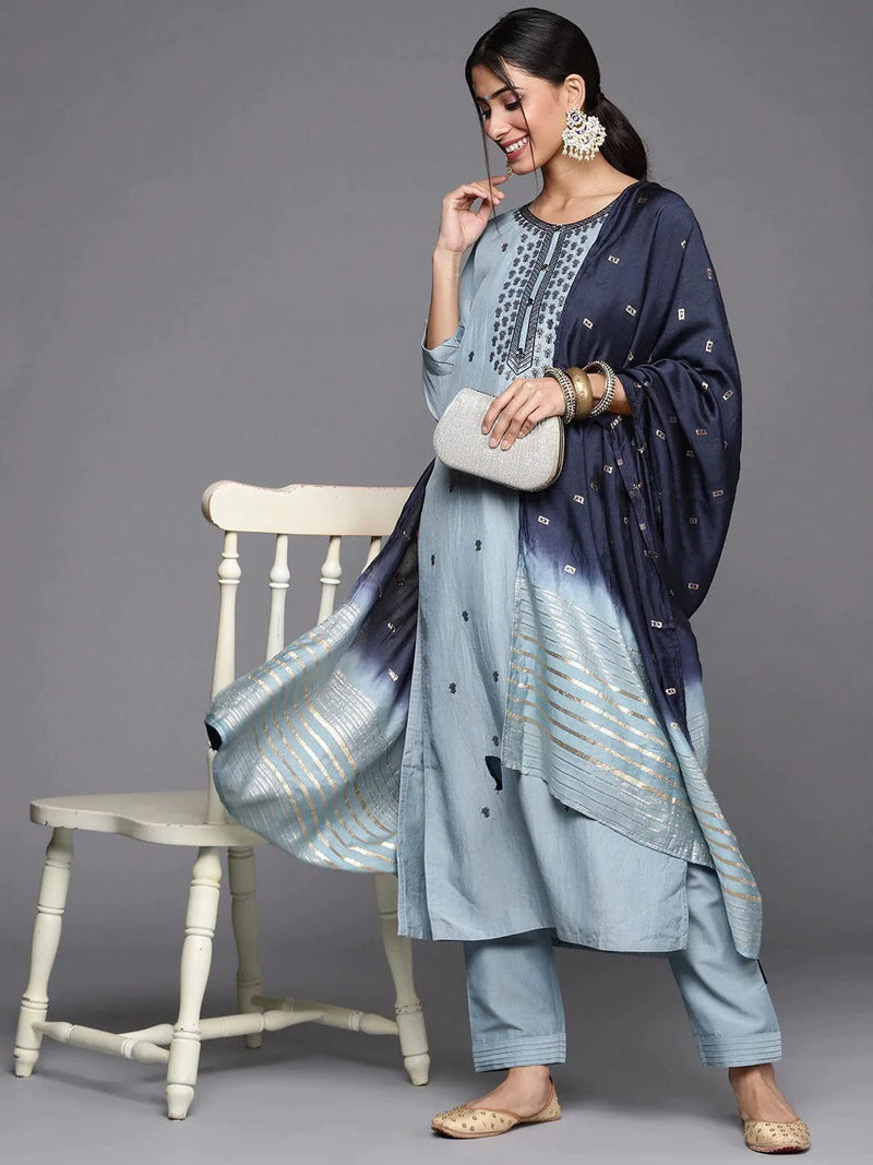 women blue silver floral sequined straight kurta set dupatta