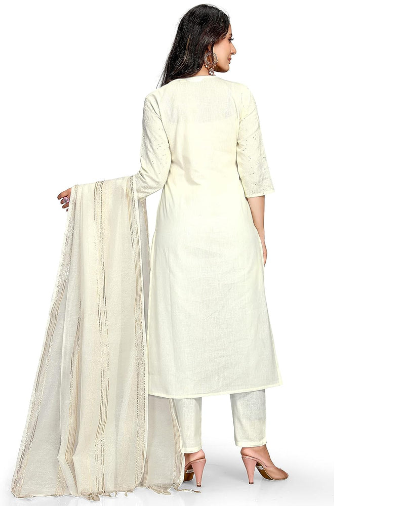 Pure Cambric Cotton Embroidered Kurta Set with Dupatta - Off-White (Worldwide Shipping)