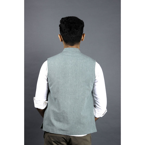 men cotton sleeveless nehru jacket turquoise green bagh india