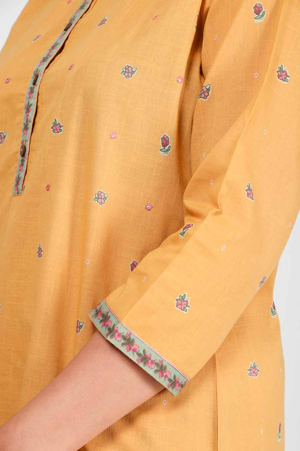 women cotton printed straight kurta mustard yellow bagh india 