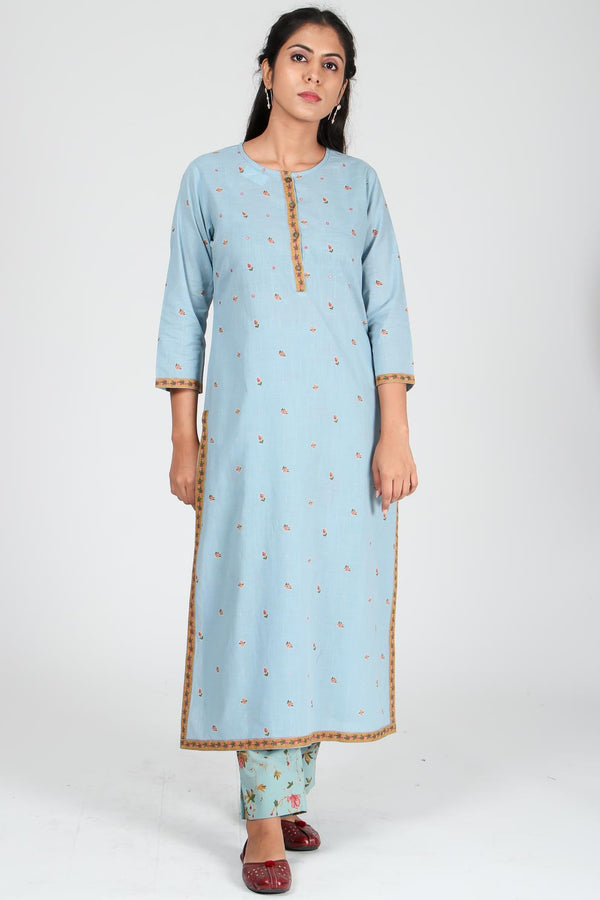 bagh india women cotton printed straight kurta slate blue