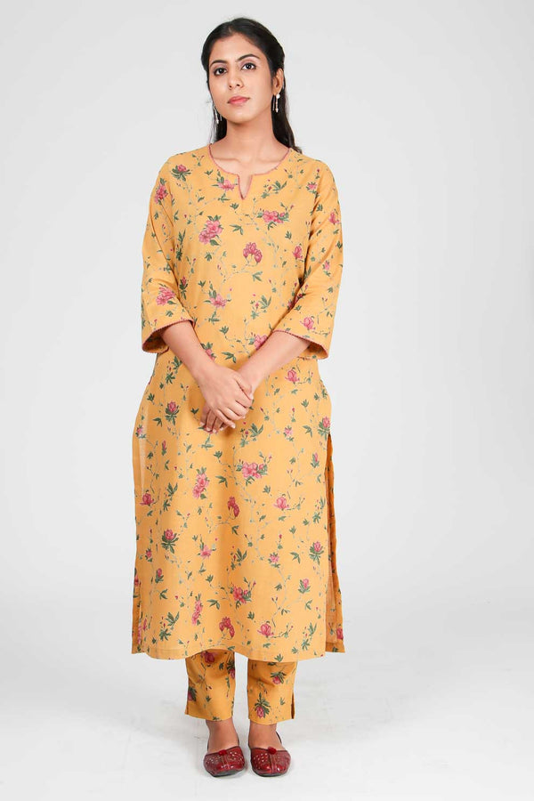 bagh india women cotton print straight kurta mustard yellow