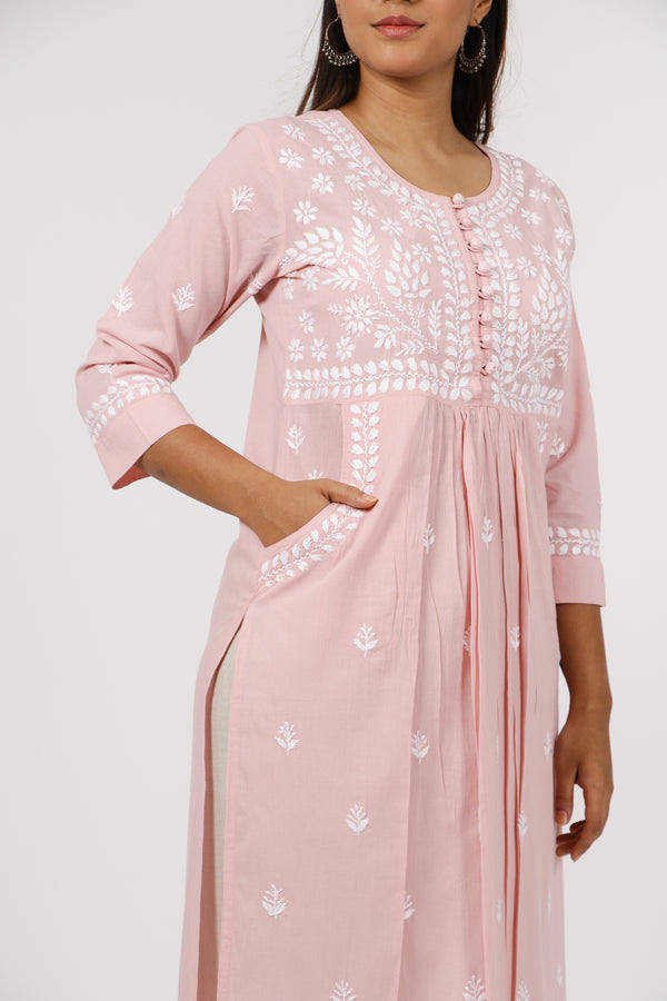 women cotton chikankari a line kurta pocket pink best