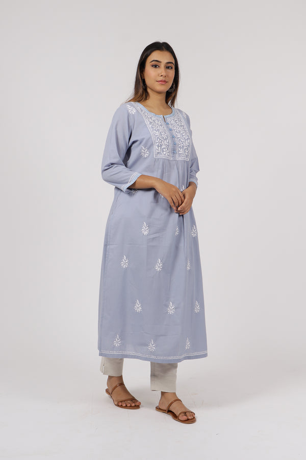 women cotton chikankari a line kurta round neck slate blue buy