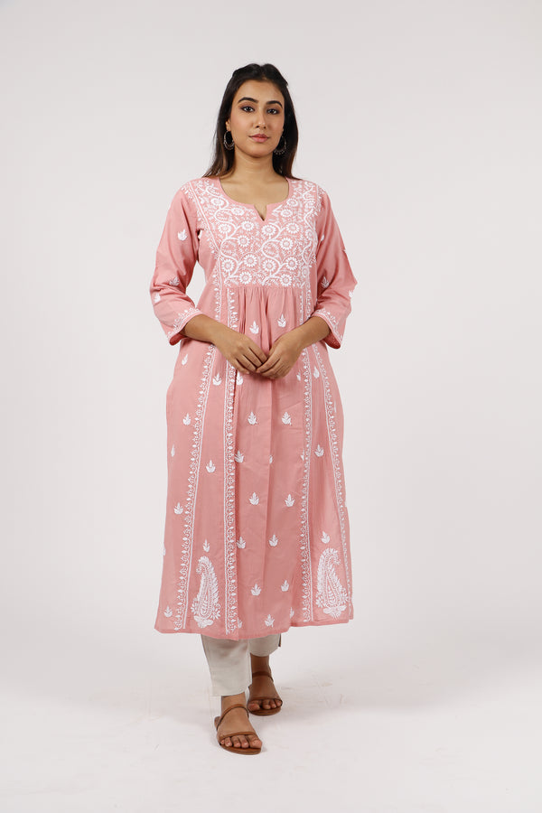bagh india women cotton chikankari a line kurta round neck peach pink