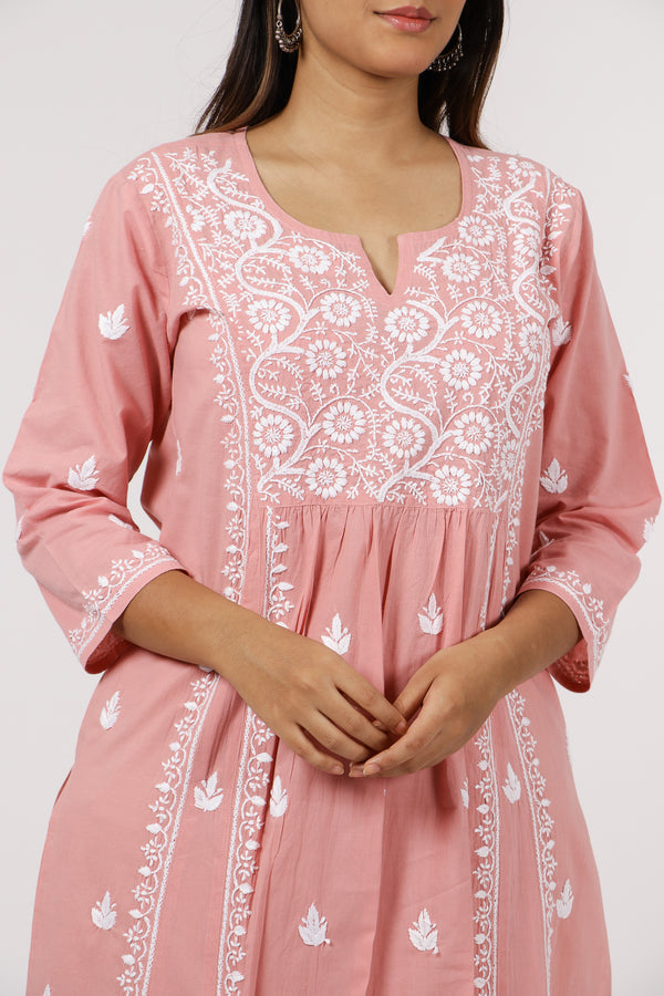 women cotton chikankari a line kurta round neck peach pink buy