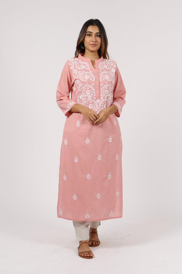bagh india women cotton chikankari straight kurta mandarin collar peach pink