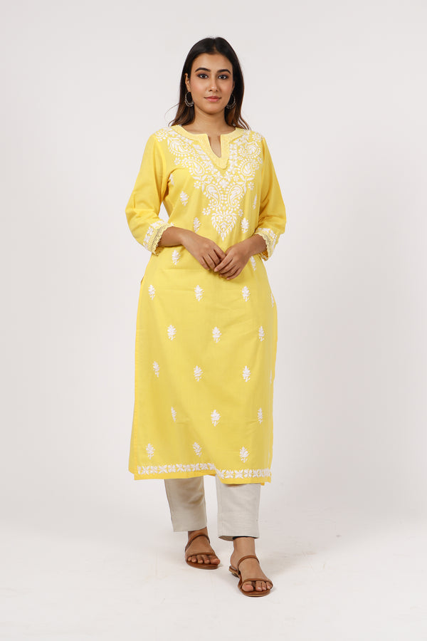 bagh india cotton chikankari straight kurta with round neck yellow